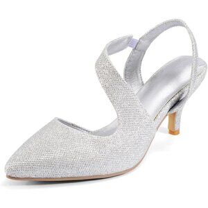 🆕Rhinestone Silver Kitten Low Heel Sparkly Pumps Wedding Dressy Shoes for Women